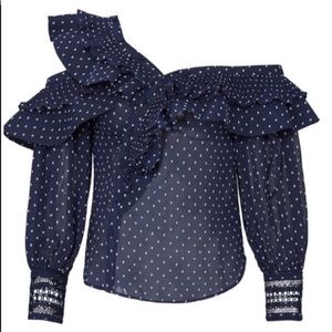 Self-Portrait Navy Plumetis Frilled Top